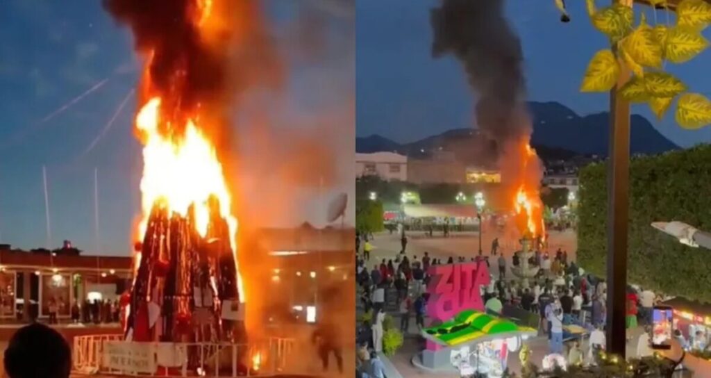 Protesta en Michoacán: Árbol de Navidad monumental incendiado tras el asesinato de una mujer