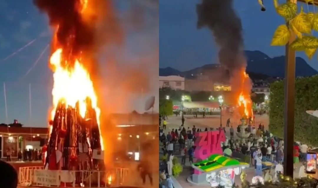 Protesta en Michoacán: Árbol de Navidad monumental incendiado tras el asesinato de una mujer