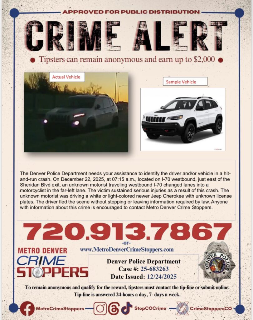Choque con fuga en la I-70: Policía de Denver busca Jeep Cherokee tras lesiones graves a motociclista